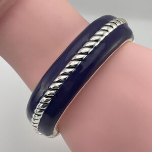 Silver Tone Metal Blue Enamel Clamper Hinged Bangle Bracelet Boho Statement